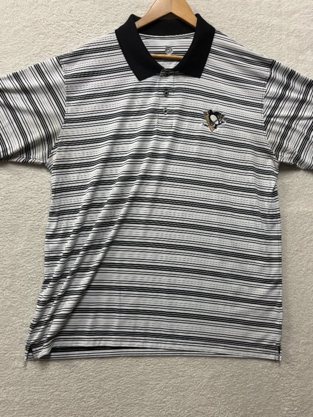 Pittsburgh Penguins NHL Hockey Polo Shirt Mens Size XL Black White Micro Stripe